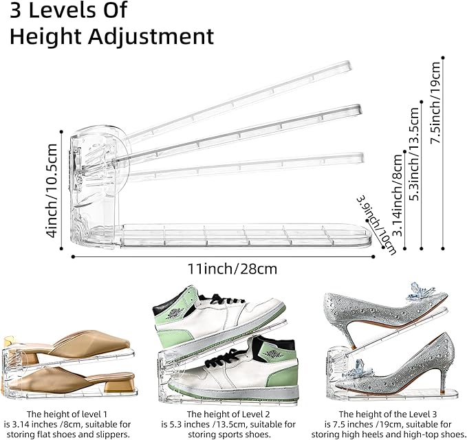 Shoe Slots Organizer,Elephant Shoe Rack Stable and Thick,Clear Shoe Stacker with 3 Adjustable Level for Sneakers Display (Transparent - Silver, 20Pack)