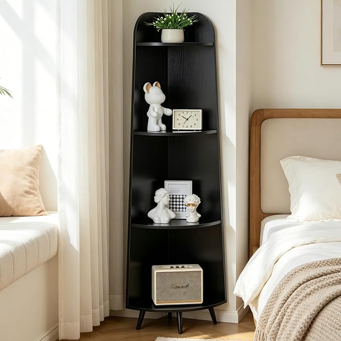 VECELO Large Tall Corner Shelf, 66.93" H 4-Tier Corner Storage Organizer, Freestanding Corner Display Rack for Living Room Bedroom Home Office, Black
