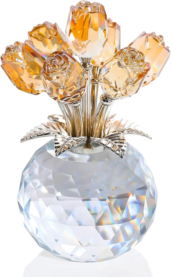 Ornalrist Crystal Gold Roses Figurine, Glass Roses Bouquet Collectible Decor Gifts for Wife Women Mom on Mother's Day Valentine's Day Wedding Anniversary