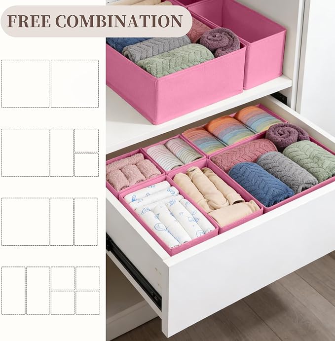 Drawer Organizer Clothes, 16 Pack Dresser Organizer Bins, Foldable Closet Organizers and Storage Fabric Dresser Bins, Shallow Drawer Dividers for Clothing, Underwears, Socks, Tie