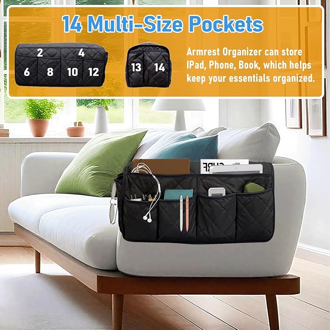 Armchair Caddy, Remote Control Holder for Recliners, Sofa Armrest Organizer, Non Slip Recliner Organizer, Couch Caddy with 14 Pockets Storage for TV Remote, Phone, Magazine (Black)