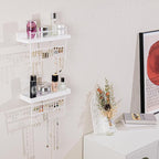 Lolalet Hanging Jewelry Organizer Wall Mount with Earrings, Bracelets, Necklaces Hooks - Easy Install Free Combination Jewelry Holder for Wall Bathroom - Set of 2, White