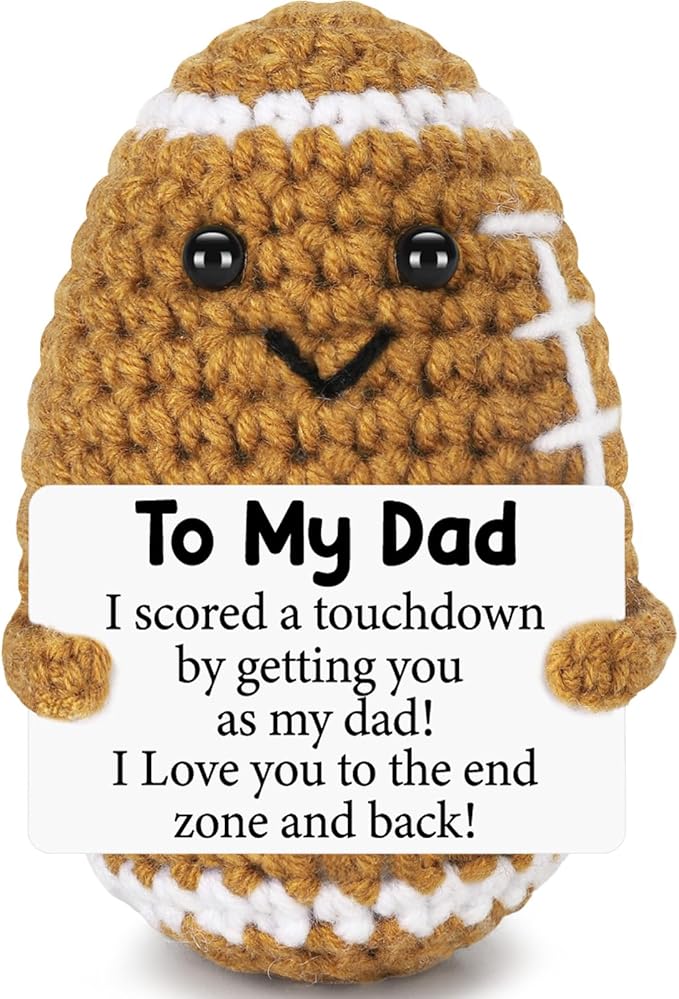 Dad Gifts from Son Daughter Wife, Positive Handmade Crochet Father's Day Birthday Gift, Funny Cute Small Gifts for Dads, I Love You Papa Valentines Day Gift Idea, Unique Football Doll for Step-Dad