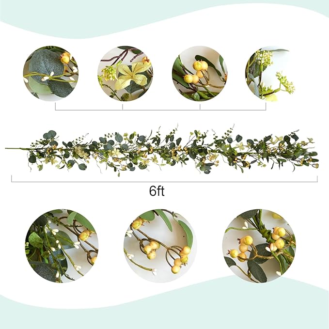 6FT Artificial Eucalyptus Garland, Spring Greenery Garland with Berries and Wildflowers for Home Table Mantle Wedding Festival Indoor Outdoor Decor