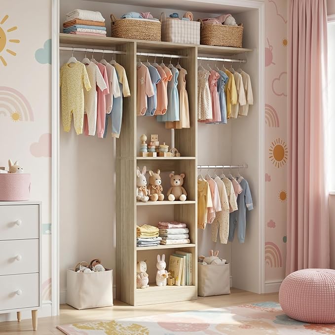 Cyclysio 4FT Small Closet System, 80"H Closet Organizer System with 4 Closets Rods & 3 Shelves, 48" Closets Organizers and Storage for Small Bedrooms, Laundry Rooms, Cloakrooms, White Oak