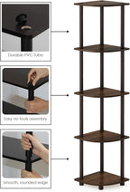 Furinno TURN-N-TUBE Corner Shelf, 5-Tier Corner Bookshelf, Open Storage Shelves, for Organization and Storage, Living Room, Home Office, Garage, Bedroom, Walnut