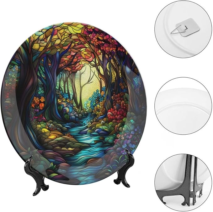 Stained Glass Theme Decorative Ceramic Plate Round Porcelain Plate,10 inch,Sunrise Forest Stream Pattern,for Decorative Ornaments Giving Plates, 1 Plate with 1 Display Stand,Multicolor