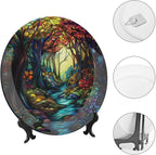 Stained Glass Theme Decorative Ceramic Plate Round Porcelain Plate,8 inch,Sunrise Forest Stream Pattern,for Decorative Ornaments Giving Plates, 1 Plate with 1 Display Stand,Multicolor