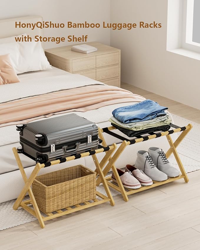 Luggage Racks, Folding Bamboo Suitcase Stand with Storage Shelf and Nylon Straps, Luggage Holders Assembled Suitcase Storage Caddy Holder for Guest Room, Hotel, Bedroom, Natural, Pack of 2