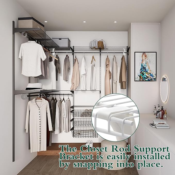 4Pcs Hanging Closet Rod Support,3/4 Closet Shelf Rod Holder,Sturdy J-Shaped Closet Brackets for Hanging Clothes,Cabinets Storage and Curtain