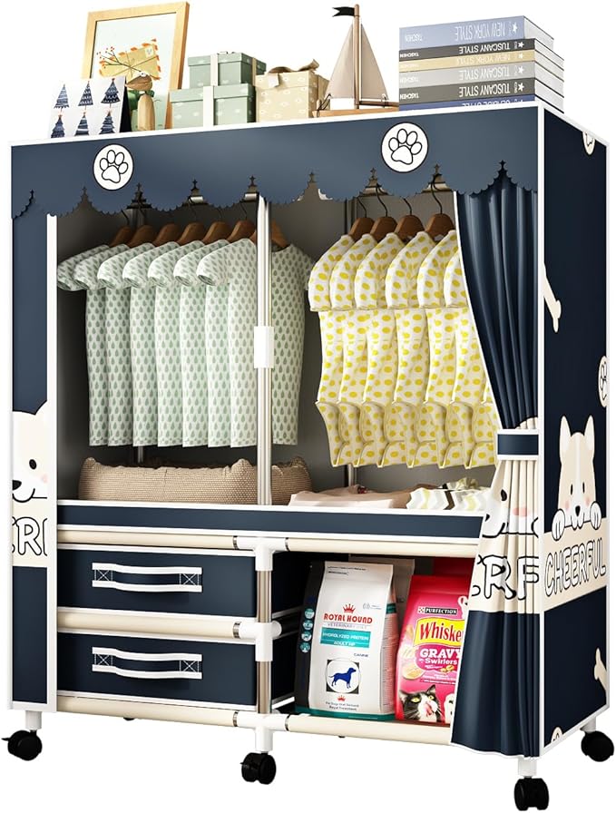 Large Portable Armoire Wardrobe Closet with 4 Hanging Rods and Lockers,Metal Storage Wardrobe Clothes Rack with Dust Cover for Clothes,16.7 in Wide,Bedroom,Gray (Navy Blue, 33.5 in)