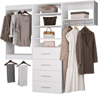 ROOMTEC Modular Closet System, 90" Wall Mounted Closet Organizer with Hanging Rods and Drawers, Modern Wooden Tower for Walk-In Closets, Wardrobe Storage Kit, White