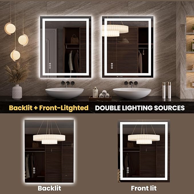 LOAAO 35.4"x29.9" LED Mirror for Bathroom, Lighted Bathroom Mirror with Lights, Anti-Fog, Dimmable, Memory Function, Clear Reflection