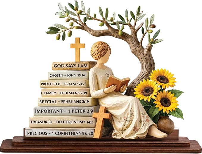 KATINAT Christian Gifts for Women, Bible Verse Desk Decor, God Says I Am Decorative Sign, Inspirational Religious Tabletop Plaque for Office Desk, Home, Prayer Room, Mother’s Day for Her