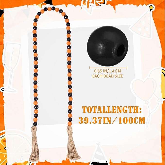 Equsion Seasonal Wooden Bead Garland with Tassels, 3.3 ft Holiday Vintage Boho Bead Garland Easter Tray Decoration, Vase Wall Room Art Birthday Party Decoration(Black, Orange)