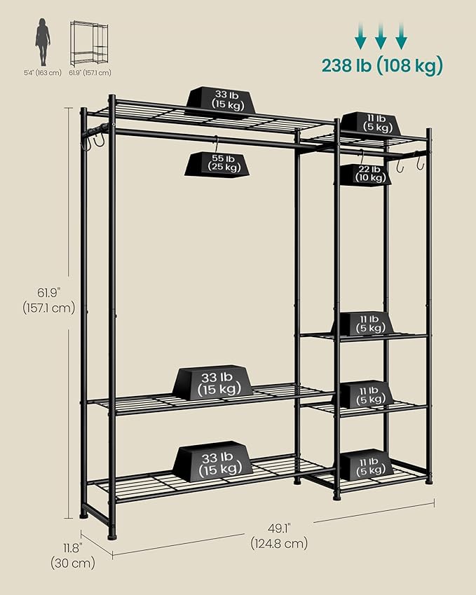 SONGMICS Portable Closet Wardrobe, Clothes Rack, Closet Organizers and Storage, Freestanding Clothing Rack with 7 Shelves, 2 Hanging Rods, Metal Frame Rack, for Bedroom, Entryway, Black ULGR010BZ03S
