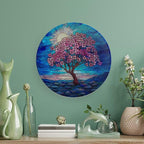Stained Glass Theme Decorative Ceramic Plate Round Porcelain Plate,8 inch,Cherry Tree Pattern,for Decorative Ornaments Giving Plates, 1 Plate with 1 Display Stand,Blue Pink