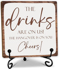 Bar Signs For Home Bar Decorations For Home 5 Inches Wooden Plaque With Iron Support, The Drinks Are On Us! The Hangover Is On You Cheers! Pubs Decor, Bar Accessories(Light Grey) - D04