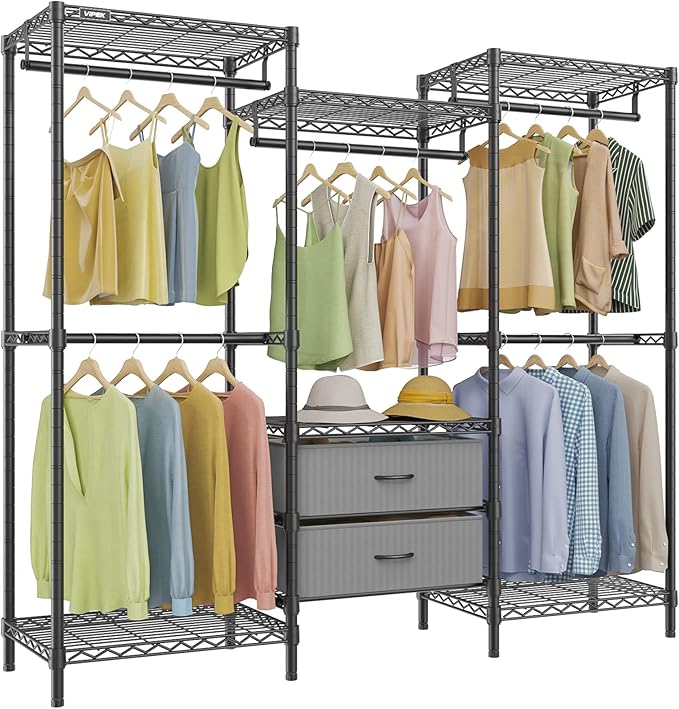 VIPEK V20 Plus Clothes Rack, Metal Clothing Rack with 6 Shelves, 5 Hanging Rods & 2 Fabric Drawers, Freestanding Garment Rack for Bedroom & Walk-in Closet, Large Wardrobe Closet Max Load 850LBS, Black