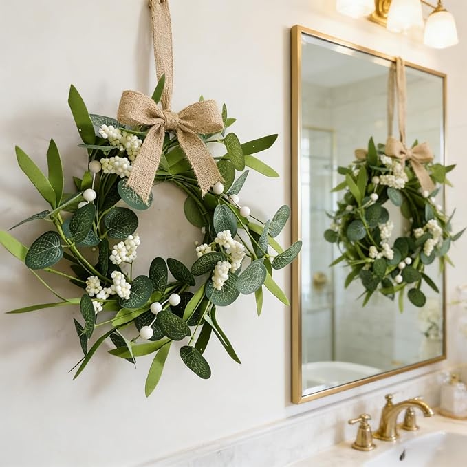 6 Pcs Green Artificial Eucalyptus Swag Wreaths Spring Summer Candle Rings Wreath with White Berries Mini Green Kitchen Cabinet Wreaths with Ribbon for Front Door Porch Wall Window Farmhouse Decoration