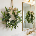 6 Pcs Green Artificial Eucalyptus Swag Wreaths Spring Summer Candle Rings Wreath with White Berries Mini Green Kitchen Cabinet Wreaths with Ribbon for Front Door Porch Wall Window Farmhouse Decoration