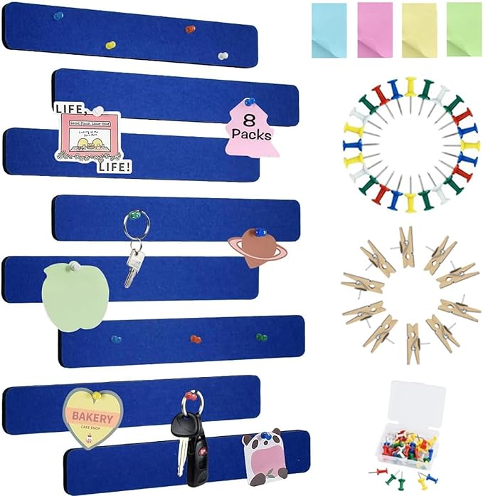 Vuzvuv 8 pcs Bulletin Board Bar Strips with 50 Pushpins & 10 Wooden Clip pins，Self Adhesive Cork Board for Wall，Felt Pin Board for School，Office Decor(Dark Blue)