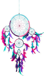 OMA Dream Catcher - Hand Made Traditional Tie Dye Colors Turquoise, Pink & Purple Feathers - 9" Diameter & 30" Long