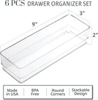 STORi SimpleSort 6-Piece Stackable Clear Drawer Organizer Set | 9" x 3" x 2" Rectangle Trays | Narrow Makeup Vanity Storage Bins and Office Desk Drawer Dividers | Made in USA