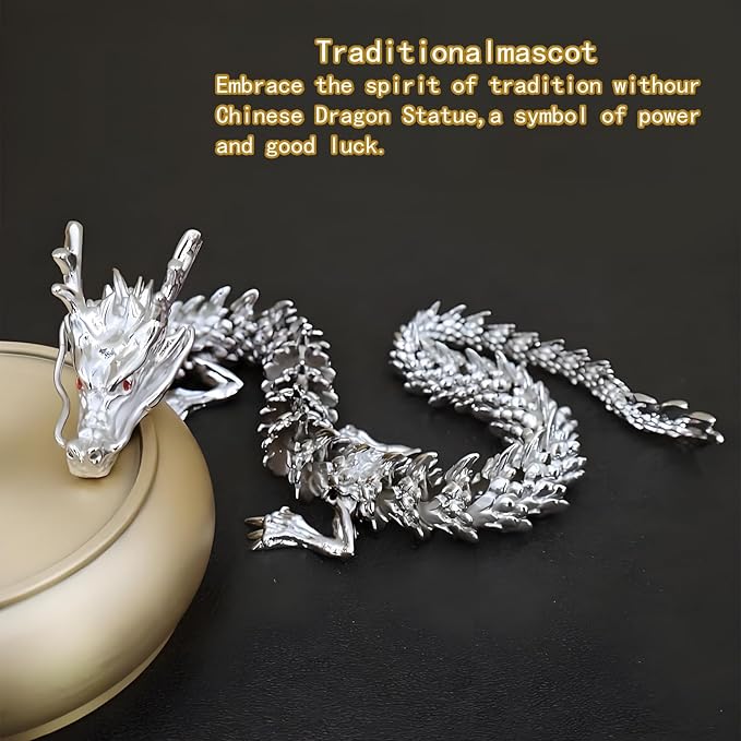 LIYAOLI 3D Printed Metal Articulated Chinese Dragon Figurine Statue Bookshelf Decor 15 Inch Silver Flexible Joints Luck Dragon for Home Office Desk Decoration