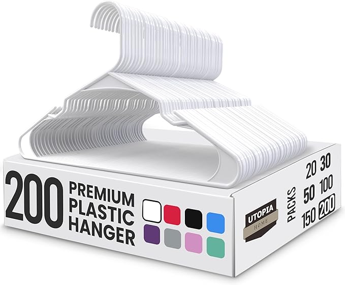 Utopia Home Plastic Hangers 200 Pack - Perfect Space Saving Clothes Hanger - Durable and Strong - Perfect Closet Organizers with Shoulder Grooves (White)