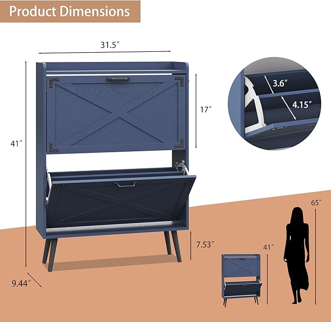 Shoe Cabinet with 2 Flip Drawers, Farmhouse Hidden Shoe Storage Cabinets, Narrow Wooden Shoes Organizer for Entryway, Slim Freestanding Shoe Rack Cabinet for Front Door Entrance, Blue