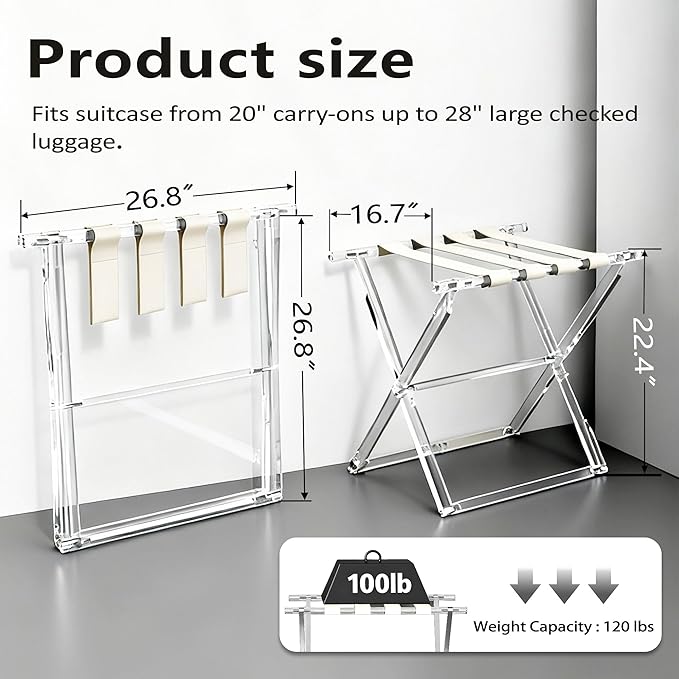 Acrylic Luggage Rack for Guest Room,Folding Luggage Rack with Leather Straps,Holds up to 120 lbs Suitcase Stand for Bedroom, Living Room and Hotel (Beige Leather)