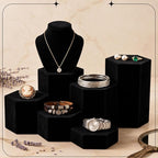 Sintuff 12 Pcs Black Velour Covered Tiered Hexagonal Jewelry Display Risers Wooden Hexagonal Market Display Risers Stands for Model Figures Decoration