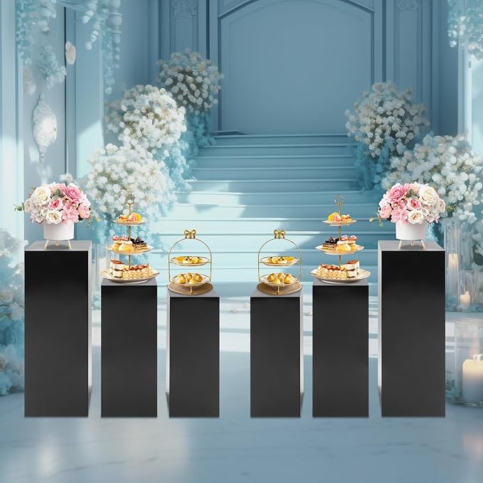 6Pcs Square Display Pedestal Stands Set for Party, Metal Display Stand Plinth Pillars, Cake Stands Pillars for Wedding Birthday Art Decor Risers, 11.8*31.5" (L), 11.02*25.6" (M), 10.24*23.6" (S)