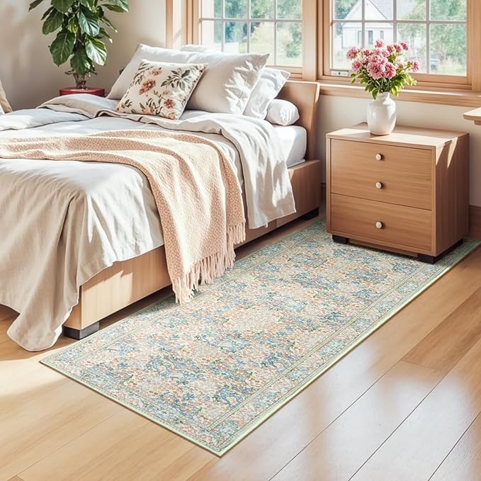 Lessymo Floral Runner Rug for Entryway, 2x6 Kitchen Rugs Non Slip Rubber Soft Washable Runners for Hallway, Faux Wool Small Carpet Bedside Rug, Vintage Floral Design Decor, Beige Brown