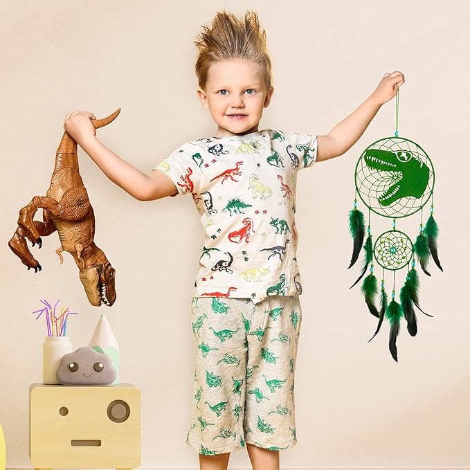 Basumee Dream Catcher for Kids Feather Dream Catchers Handmade Home Decor Wall Hanging with Double Ring for Nursery Bedroom Boys Room, Green Dinosaur