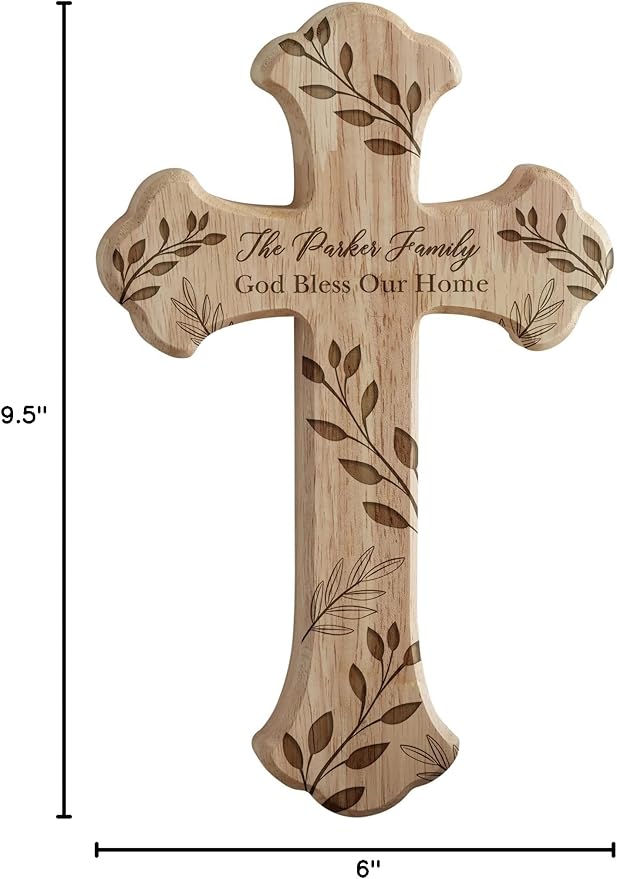 Personalization Universe Family Vine Engraved Oak Wood Cross - Customizable Wall Decor for Home, Wedding, Personalized Wall Art with Family Name - 9.5" x 6