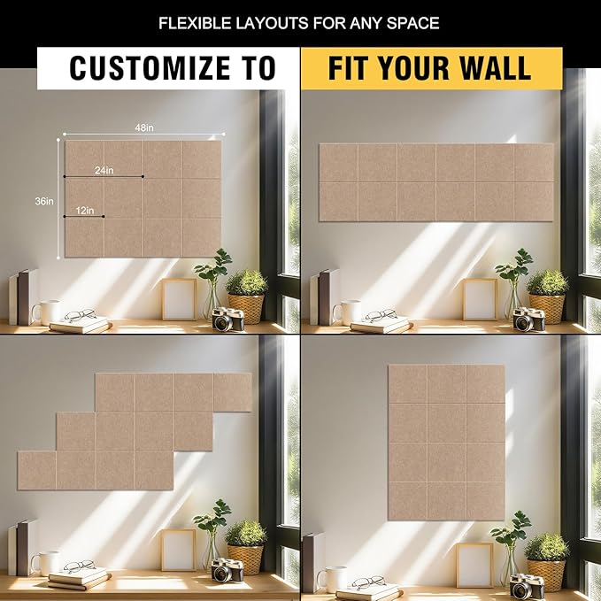TSJOFFICE Large Cork Board for Wall - 48" x 36" Bulletin Board with 50 Pushpins for Office Decor, Pin Board 12 Pack Felt Wall Tiles with Safe Removable Adhesive Tabs, Corkboard for Home - Dark Camel