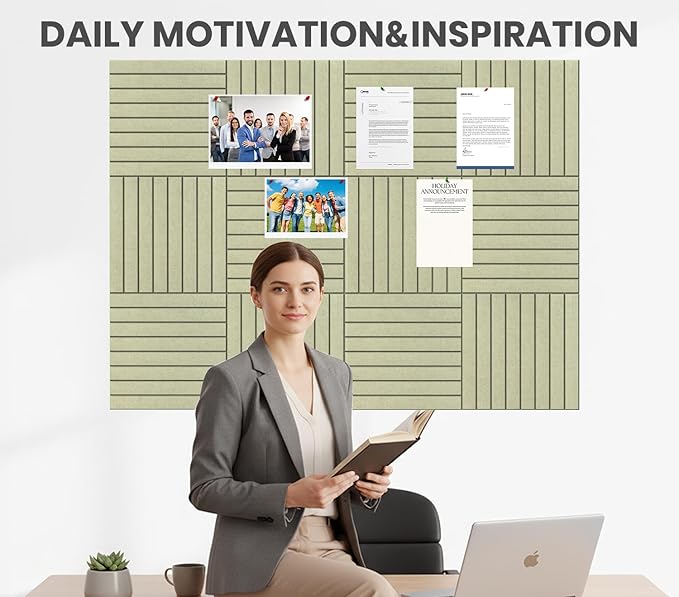 Large Cork Board Alternative 48” X 36” Felt Bulletin Board Tiles, with 30 Pushpins, 60 Adhesive Tabs,12-Pack Slat Wall Paneling, Cork Boards for Office Push Pin Board Felt Board - Sage