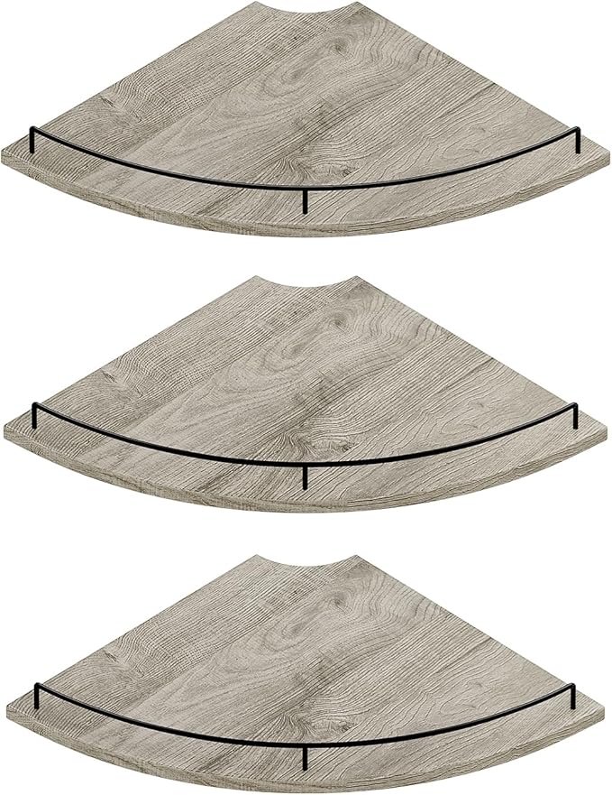 JJL Corner Shelf Wall Mounted, 12 Inches 3-Tier Floating Corner Shelf, Fan-Shaped Rustic Wood Decor with Fence, Gray Wood Grain Floating Shelves for Apartment Bedroom Kitchen Bathroom