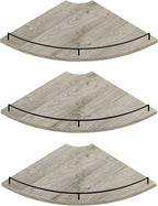 JJL Corner Shelf Wall Mounted, 12 Inches 3-Tier Floating Corner Shelf, Fan-Shaped Rustic Wood Decor with Fence, Gray Wood Grain Floating Shelves for Apartment Bedroom Kitchen Bathroom
