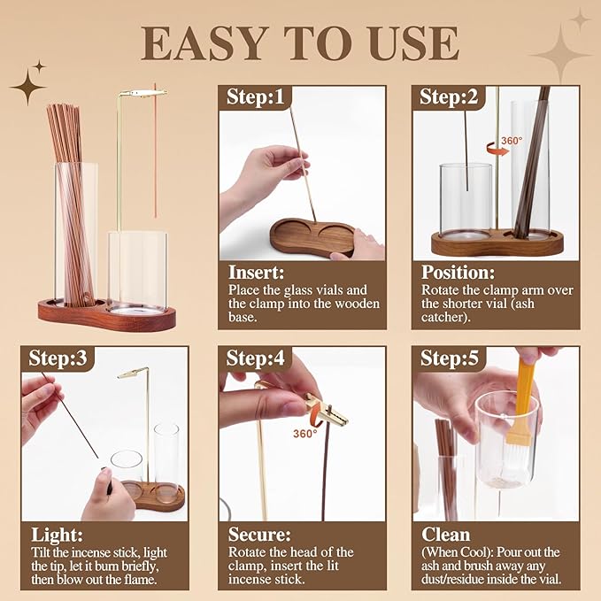 2 in 1 Incense Holder for Sticks with Glass Ash Catcher, Upside Down Anti-Ash Incense Stick Burner for Outdoor Patio, Modern Vertical Incense Holder for Home Decor, Spa, Meditation and Reddish Brown