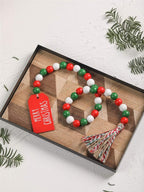 Christmas Wood Bead Garland with Tassels, Rustic Farmhouse Tiered Tray Holiday Decorations, Red and White Wooden Bead with Jute Rope Plaid Tassel, Country Xmas Home Decor (Xmas Red & Green & White)