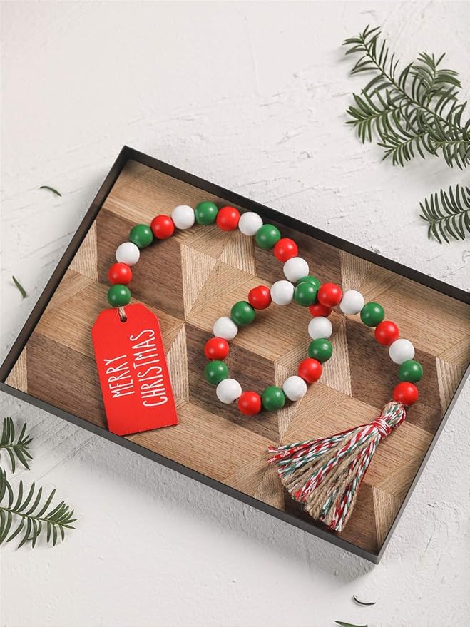 Christmas Wood Bead Garland with Tassels, Rustic Farmhouse Tiered Tray Holiday Decorations, Red and White Wooden Bead with Jute Rope Plaid Tassel, Country Xmas Home Decor (Xmas Red & Green & White)