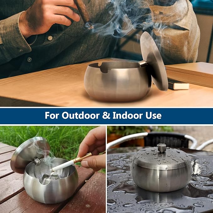 JSVER Stainless Steel Cigar Ashtray with Lids for Home Office Decoration, Outdoor Patio, Balcony (Silver)