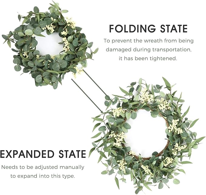 Pinkpum 16'' Eucalyptus Wreath for Front Door, Porch, Window - Green Decor for Home, Farmhouse - Spring, Summer, Fall, All Seasons