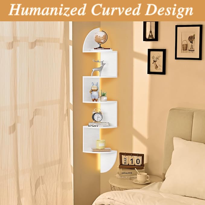 Waipfaru Corner Shelf, 5 Tier Bookshelf with LED Light, Corner Shelf Wall Mounted, Floating Shelves for Wall, Display Stand for Bedroom, Living Room, Bathroom, Home, Office, White