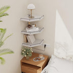 JJL Corner Shelf Wall Mounted, 12 Inches 3-Tier Floating Corner Shelf with Rails, Hexagon Rustic Wood Decor, White Wall Shelves for Apartment Bedroom Kitchen Bathroom