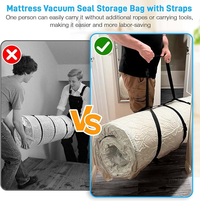 Mattress Vacuum Bag Queen/Full/Full-XL Space Saver Mattress Vacuum Seal Bag with Straps for Moving Double Zip Seal Reusable Mattress Compression Vacuum Storage Bags