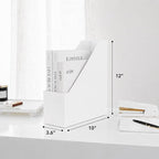 BLU MONACO Set of 6 Foldable White Magazine File Holders | Vertical Desk File Organizer Boxes With Leather Label Holders | Stylish Cardboard Magazine Storage for Shelves, Workspace and Home Office